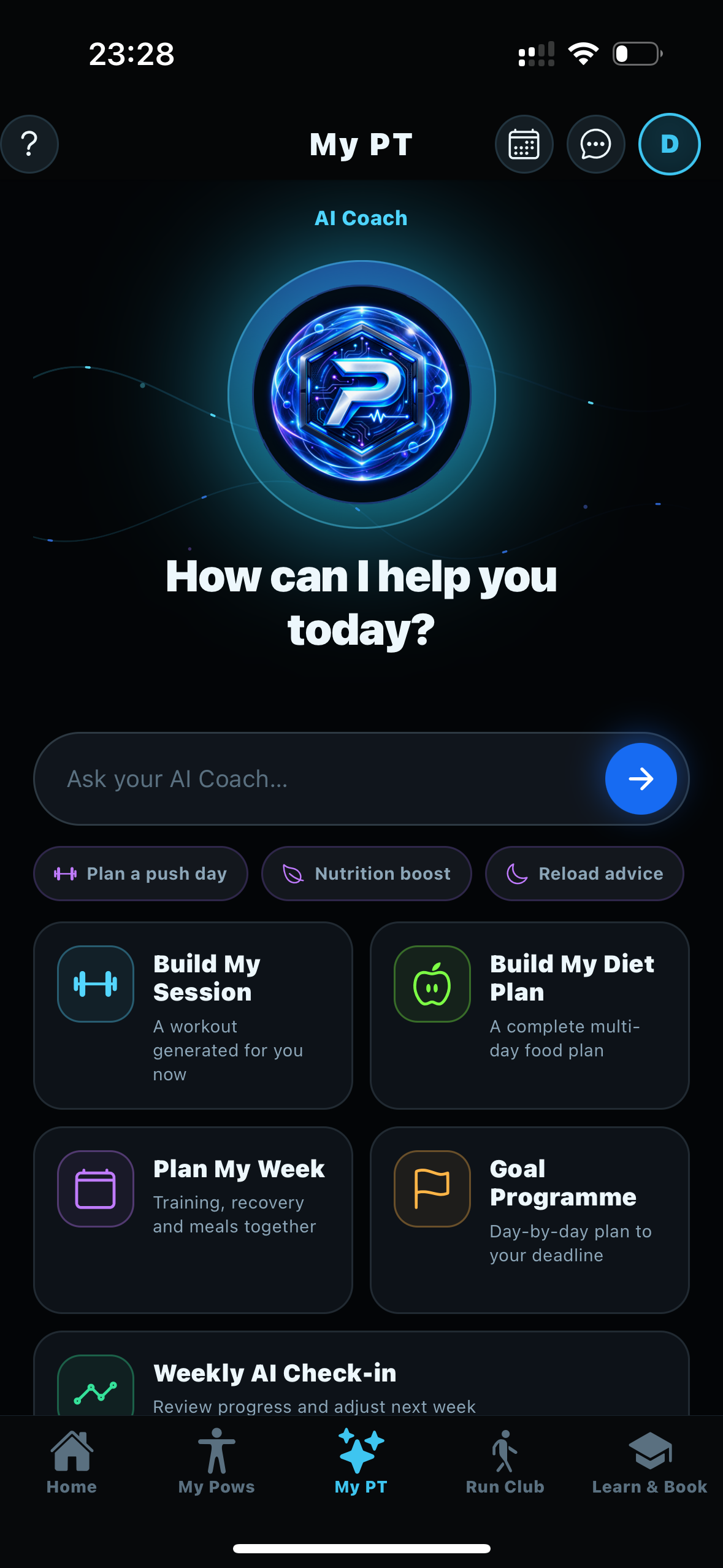 POWS My PT AI coach screen
